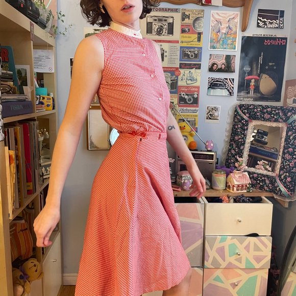 50s gingham plaid Honeylane XXS plaid circle skirt, sleeveless shirt, and bib! - Picture 10 of 16